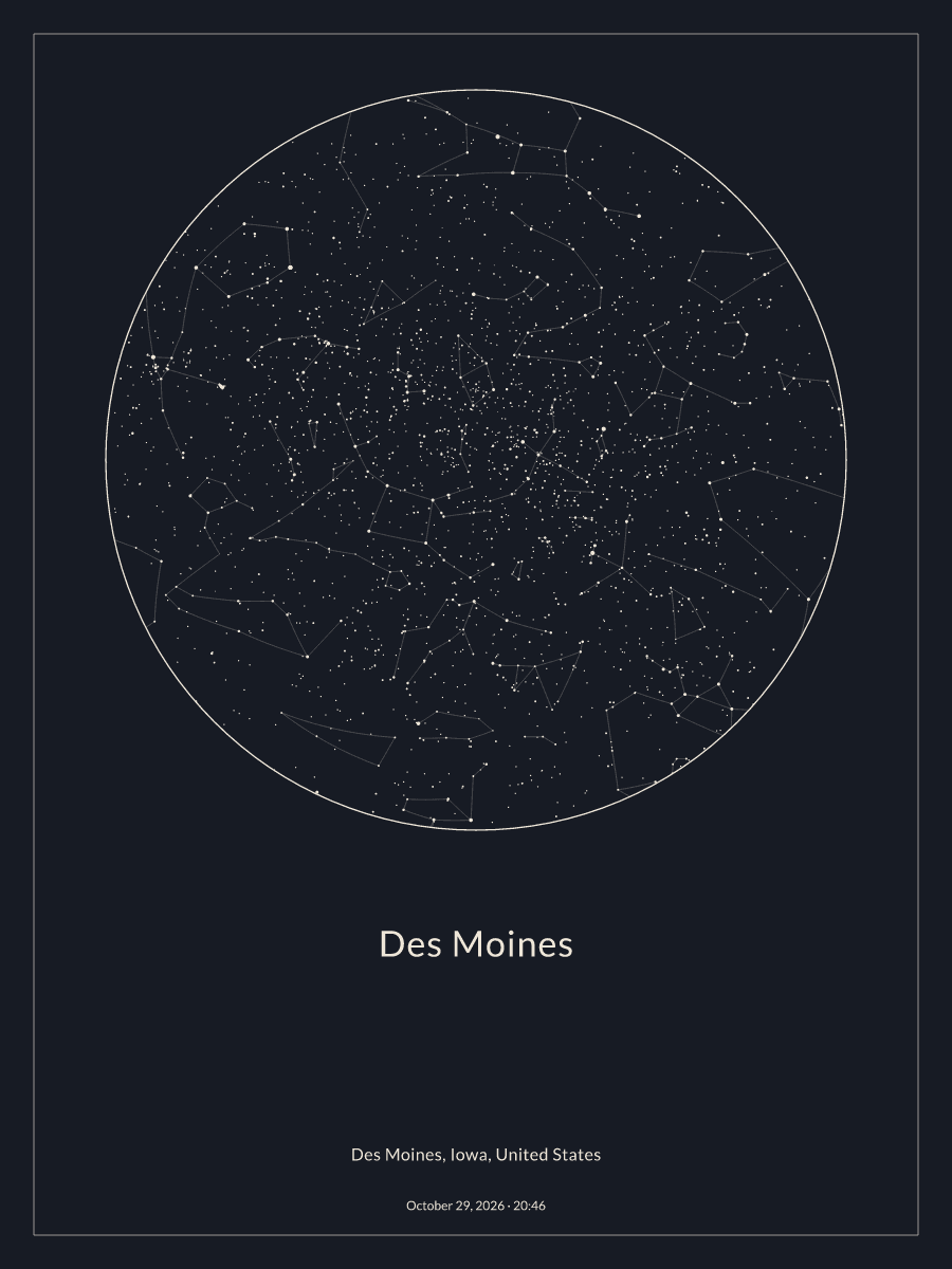 Sky chart of the night sky above Des Moines at 8:46 PM on October 29, 2026