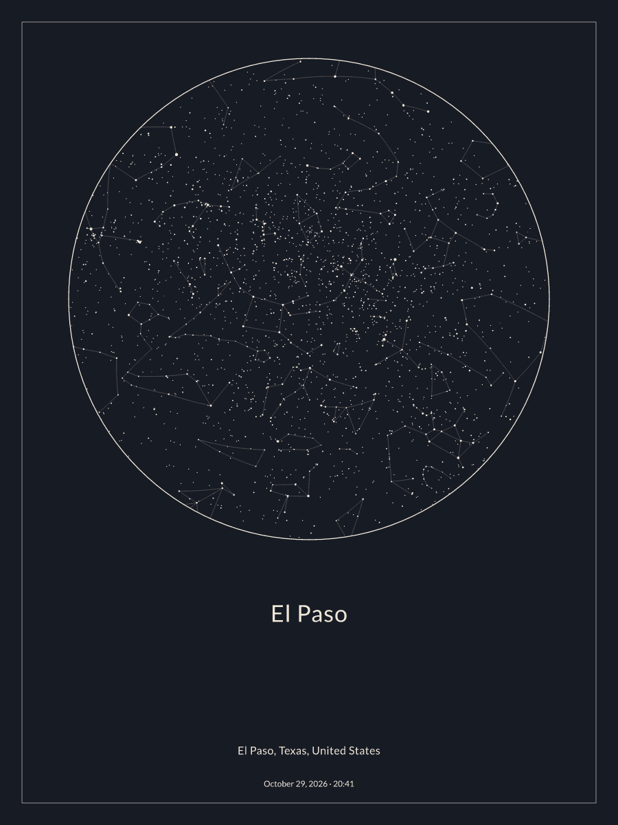 Sky chart of the night sky above El Paso at 8:41 PM on October 29, 2026