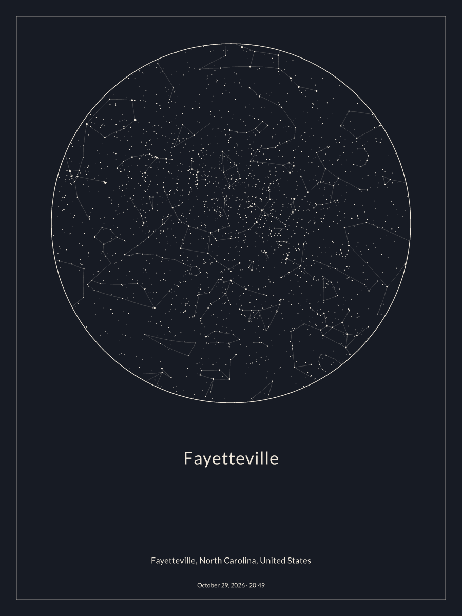 Sky chart of the night sky above Fayetteville at 8:49 PM on October 29, 2026