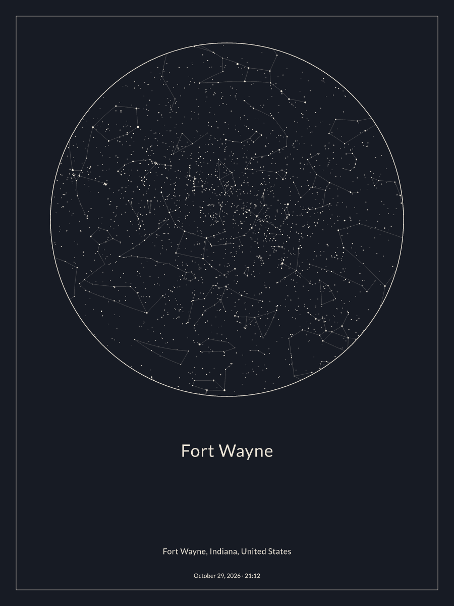 Sky chart of the night sky above Fort Wayne at 9:12 PM on October 29, 2026