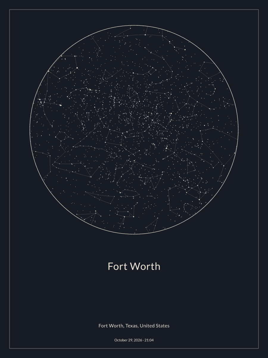 Sky chart of the night sky above Fort Worth at 9:04 PM on October 29, 2026