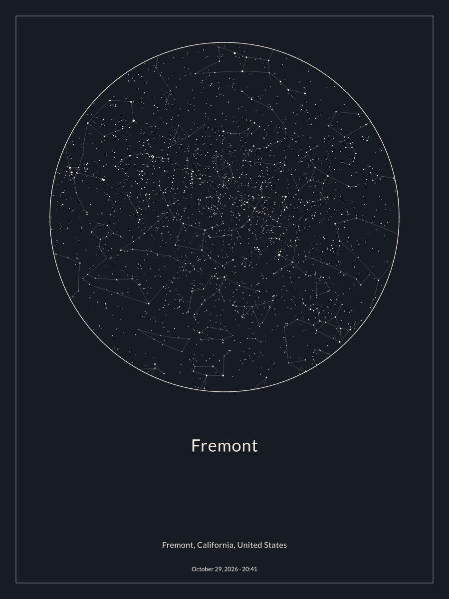 Sky chart of the night sky above Fremont at 8:41 PM on October 29, 2026