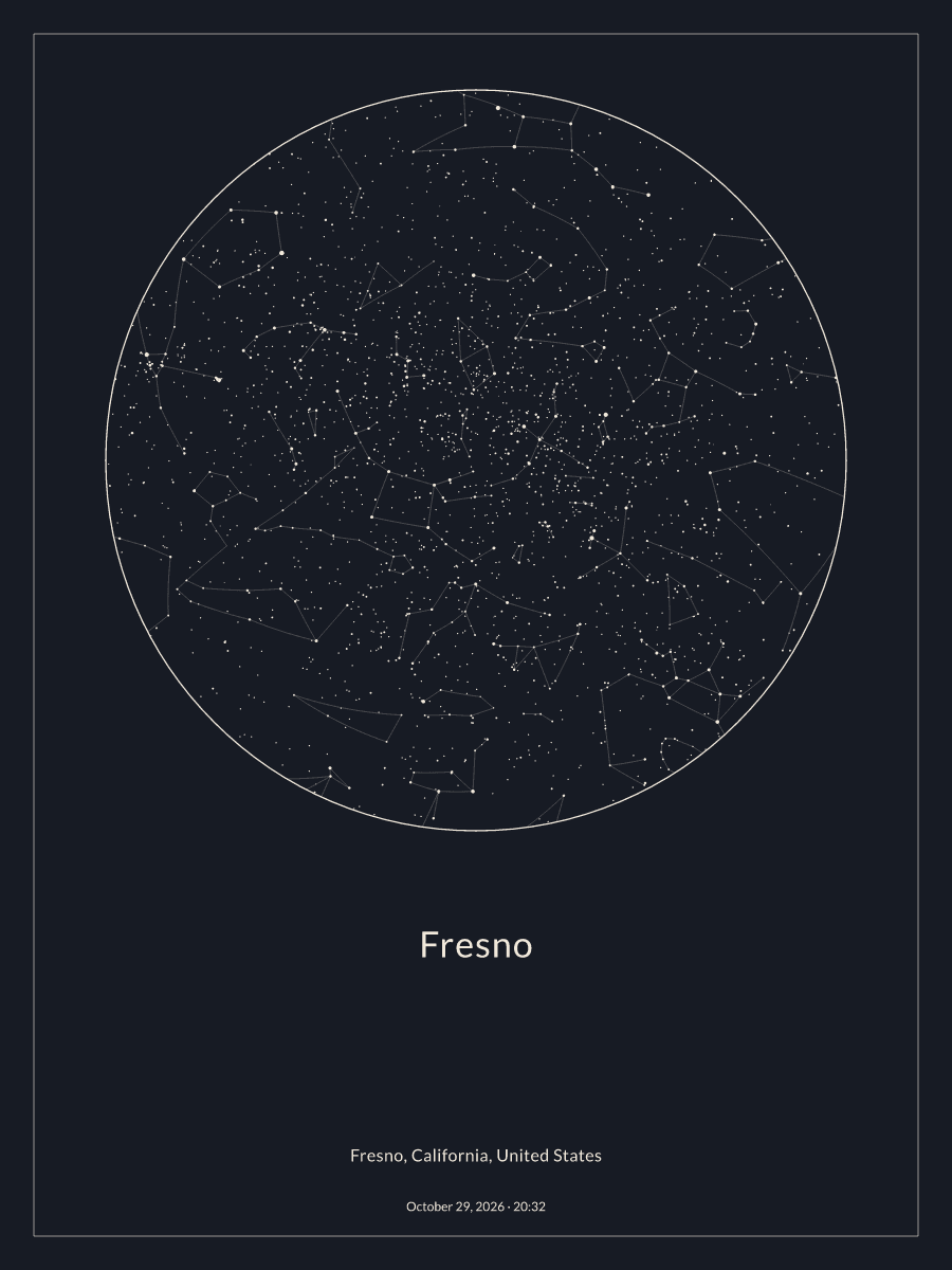 Sky chart of the night sky above Fresno at 8:32 PM on October 29, 2026