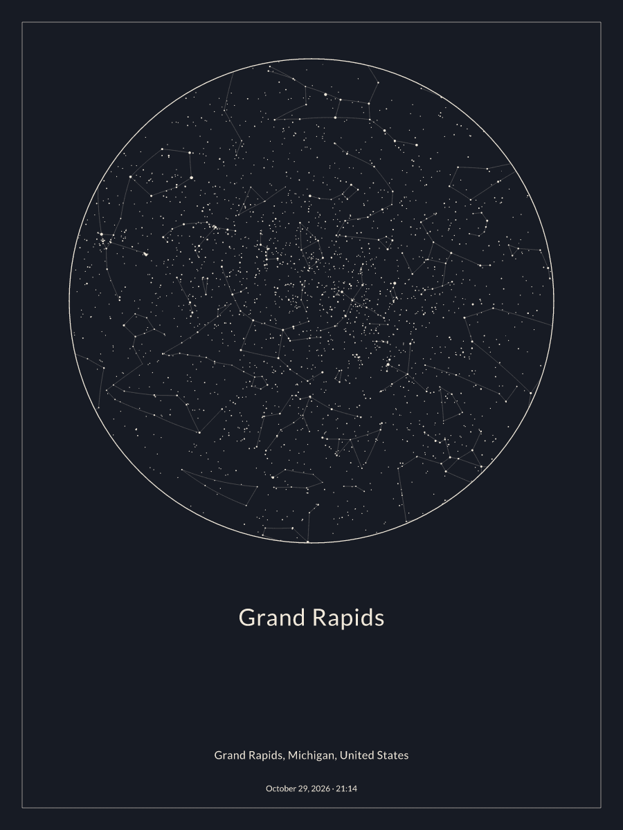 Sky chart of the night sky above Grand Rapids at 9:14 PM on October 29, 2026