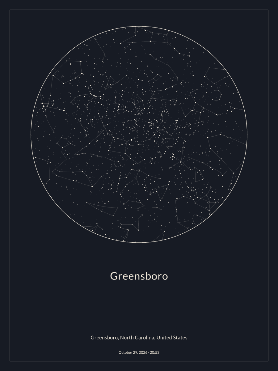 Sky chart of the night sky above Greensboro at 8:53 PM on October 29, 2026