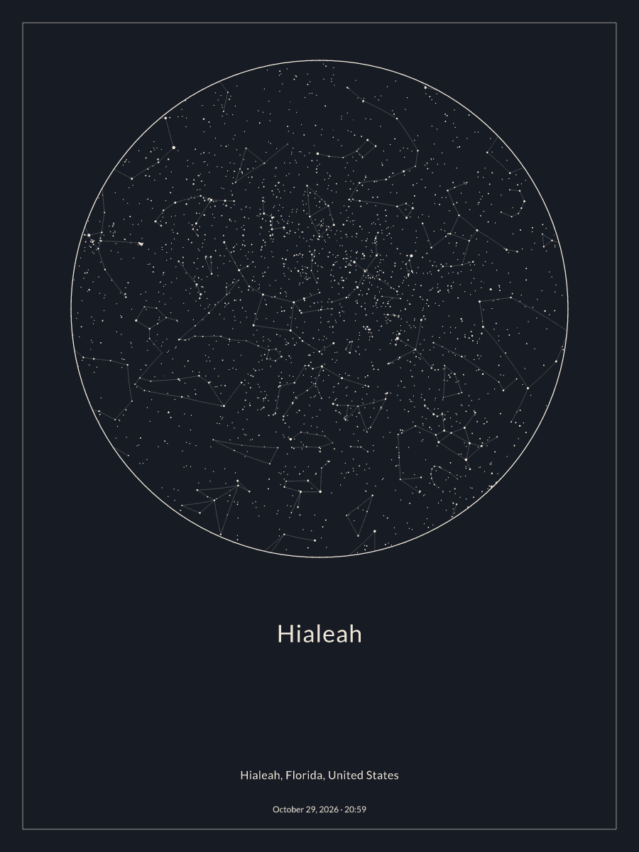 Sky chart of the night sky above Hialeah at 8:59 PM on October 29, 2026