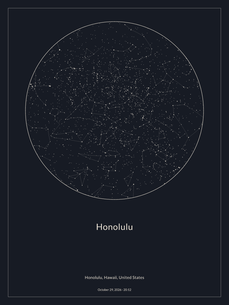 Sky chart of the night sky above Honolulu at 8:12 PM on October 29, 2026