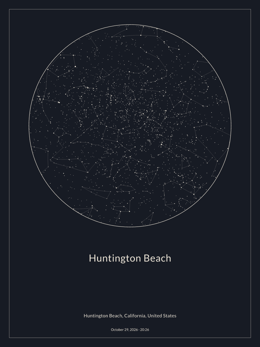 Sky chart of the night sky above Huntington Beach at 8:26 PM on October 29, 2026