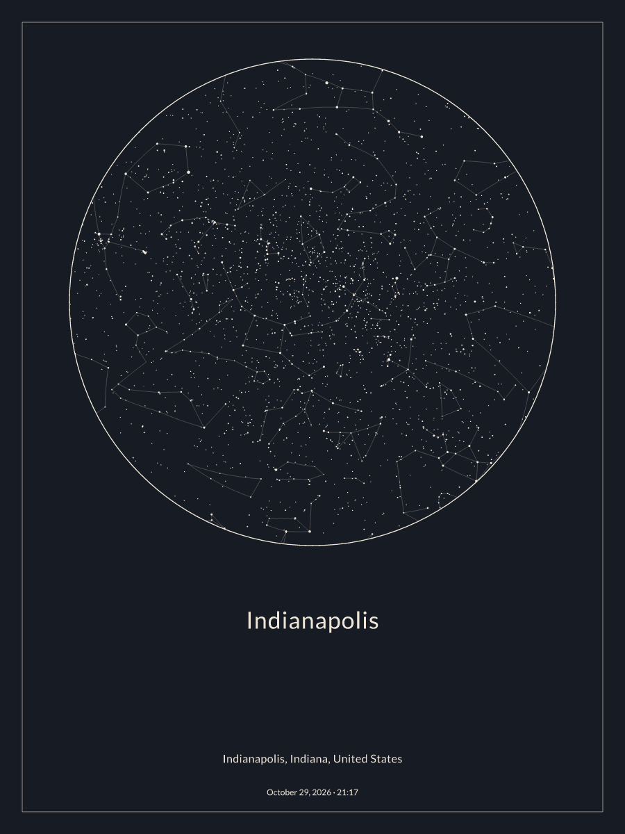 Sky chart of the night sky above Indianapolis at 9:17 PM on October 29, 2026