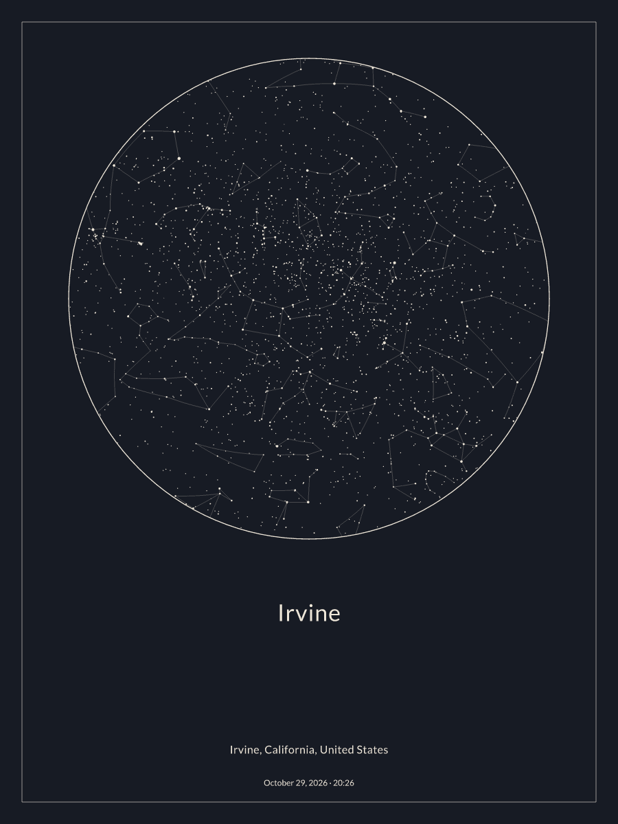 Sky chart of the night sky above Irvine at 8:26 PM on October 29, 2026