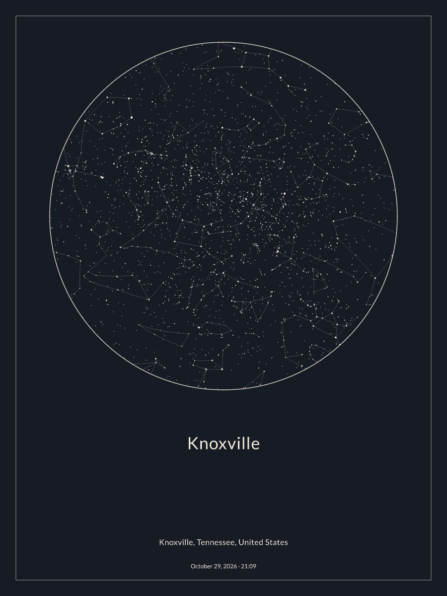 Sky chart of the night sky above Knoxville at 9:09 PM on October 29, 2026