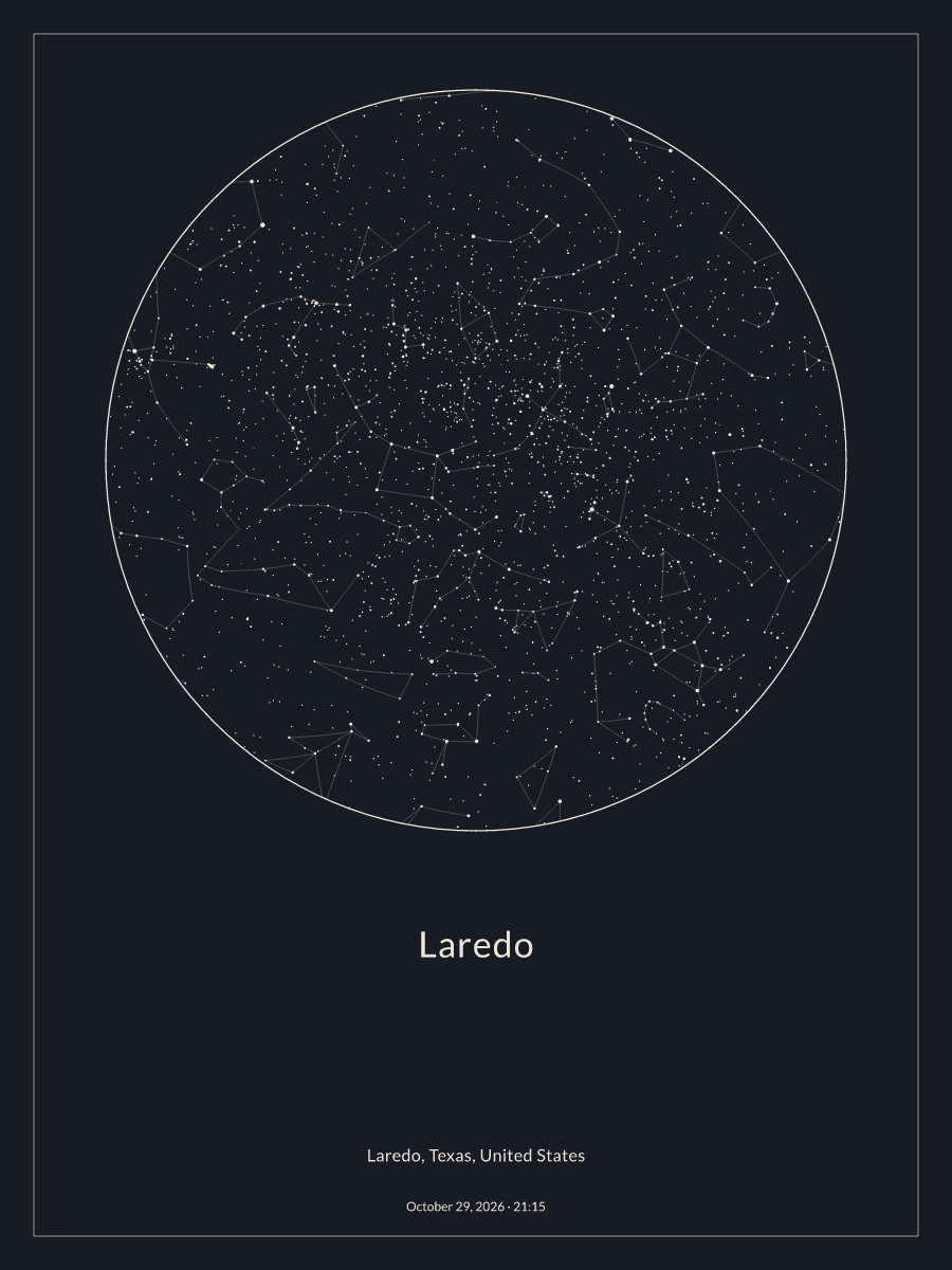 Sky chart of the night sky above Laredo at 9:15 PM on October 29, 2026