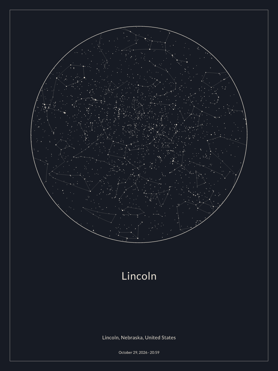 Sky chart of the night sky above Lincoln at 8:59 PM on October 29, 2026