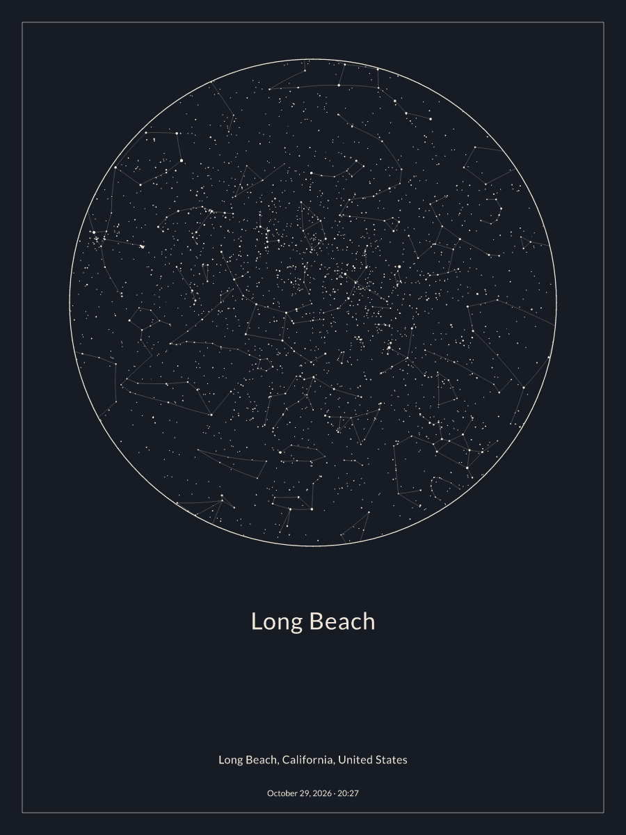 Sky chart of the night sky above Long Beach at 8:27 PM on October 29, 2026