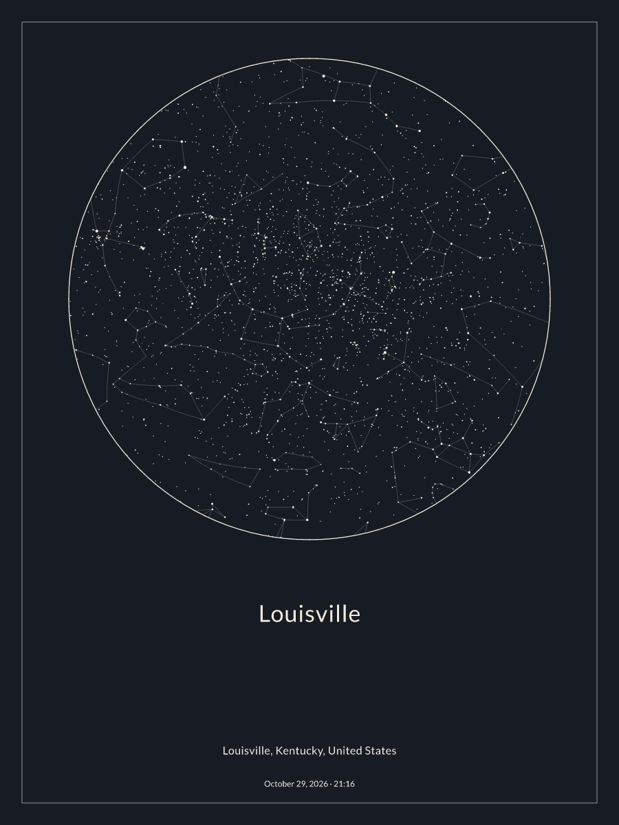Sky chart of the night sky above Louisville at 9:16 PM on October 29, 2026