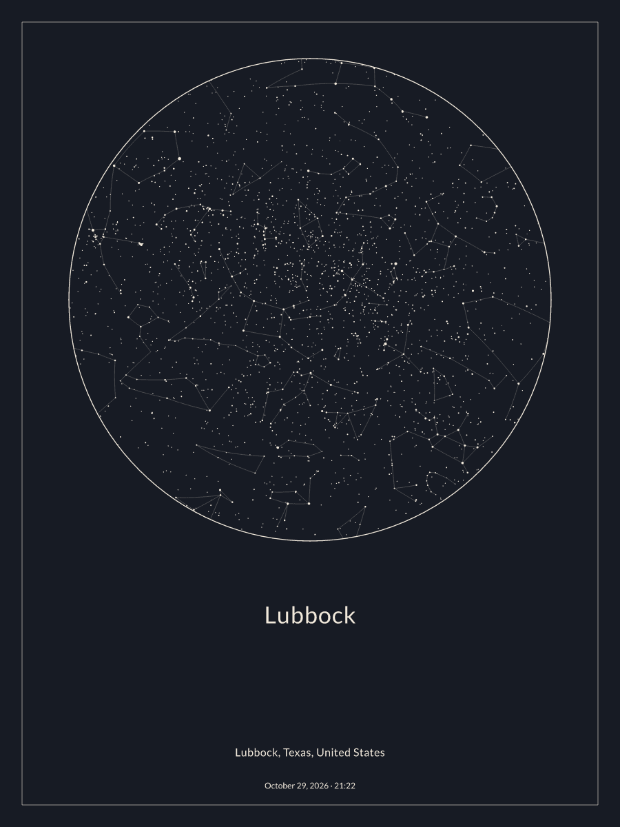 Sky chart of the night sky above Lubbock at 9:22 PM on October 29, 2026