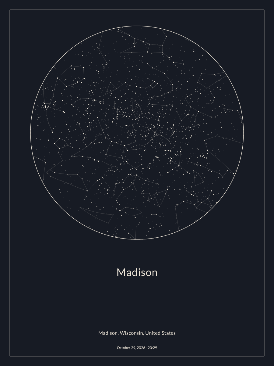 Sky chart of the night sky above Madison at 8:29 PM on October 29, 2026