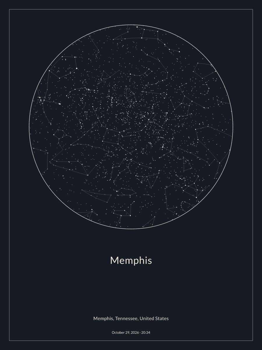 Sky chart of the night sky above Memphis at 8:34 PM on October 29, 2026