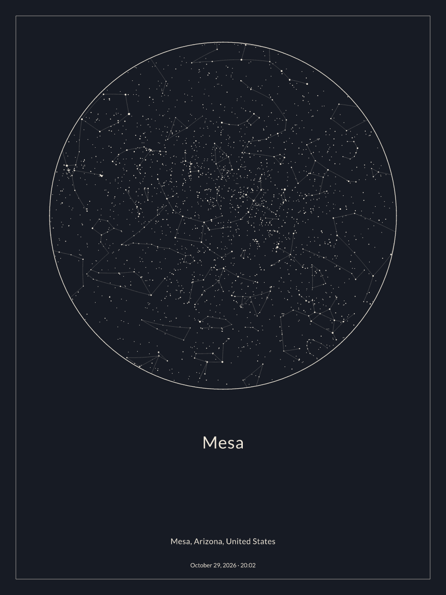 Sky chart of the night sky above Mesa at 8:02 PM on October 29, 2026