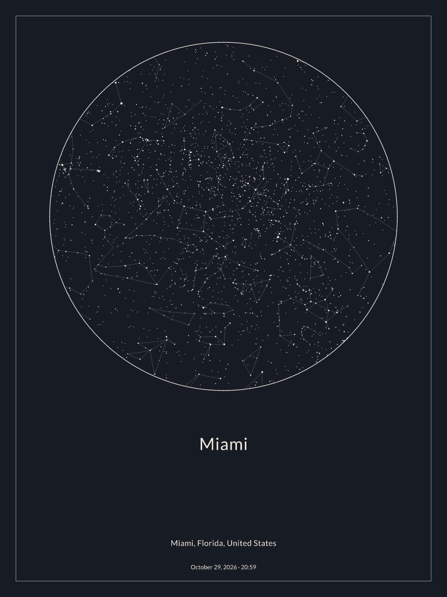 Sky chart of the night sky above Miami at 8:59 PM on October 29, 2026