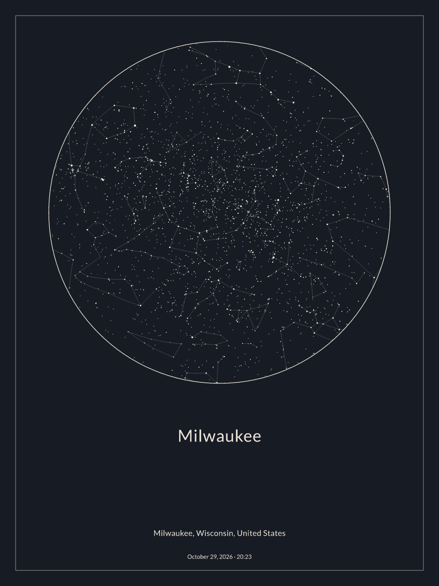 Sky chart of the night sky above Milwaukee at 8:23 PM on October 29, 2026