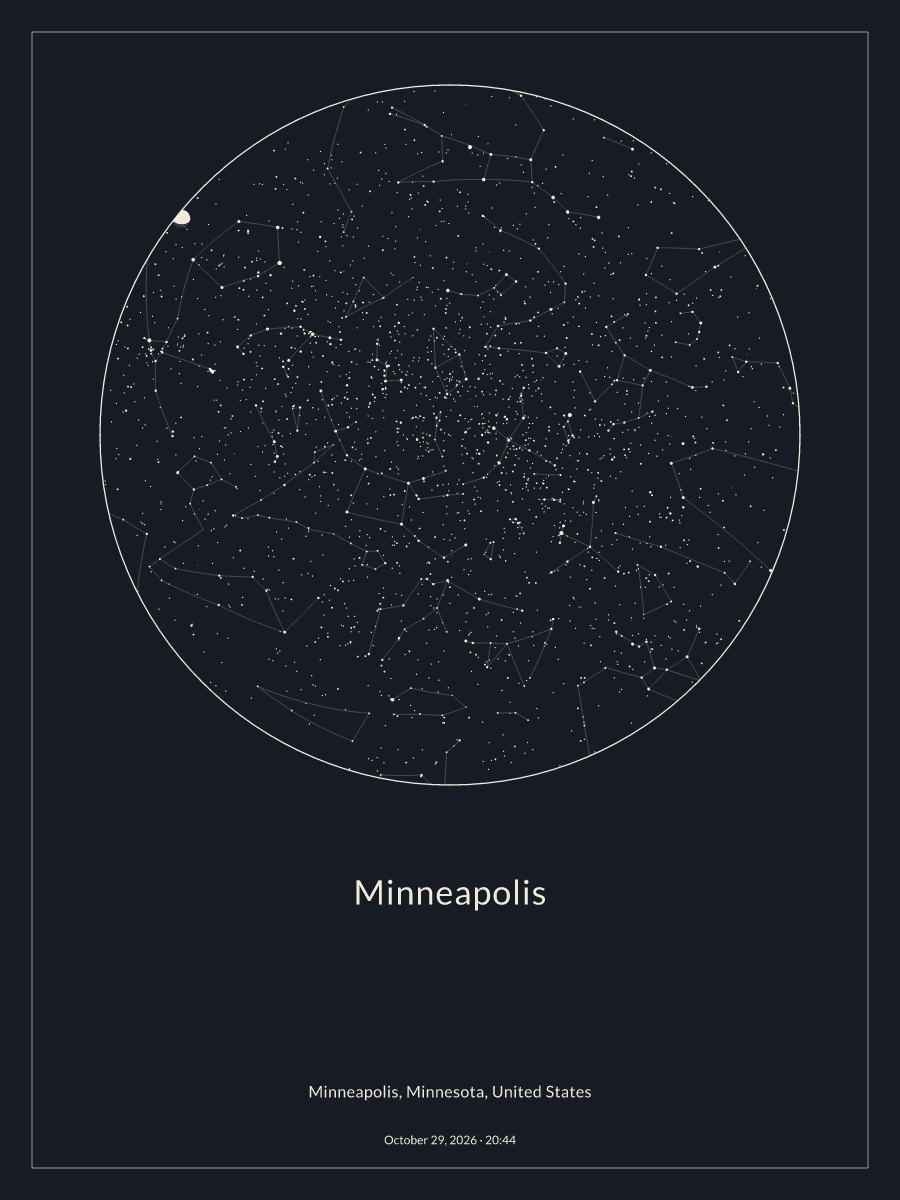 Sky chart of the night sky above Minneapolis at 8:44 PM on October 29, 2026