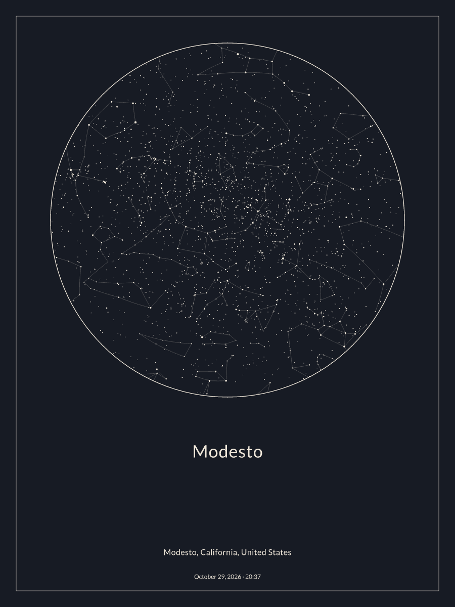 Sky chart of the night sky above Modesto at 8:37 PM on October 29, 2026