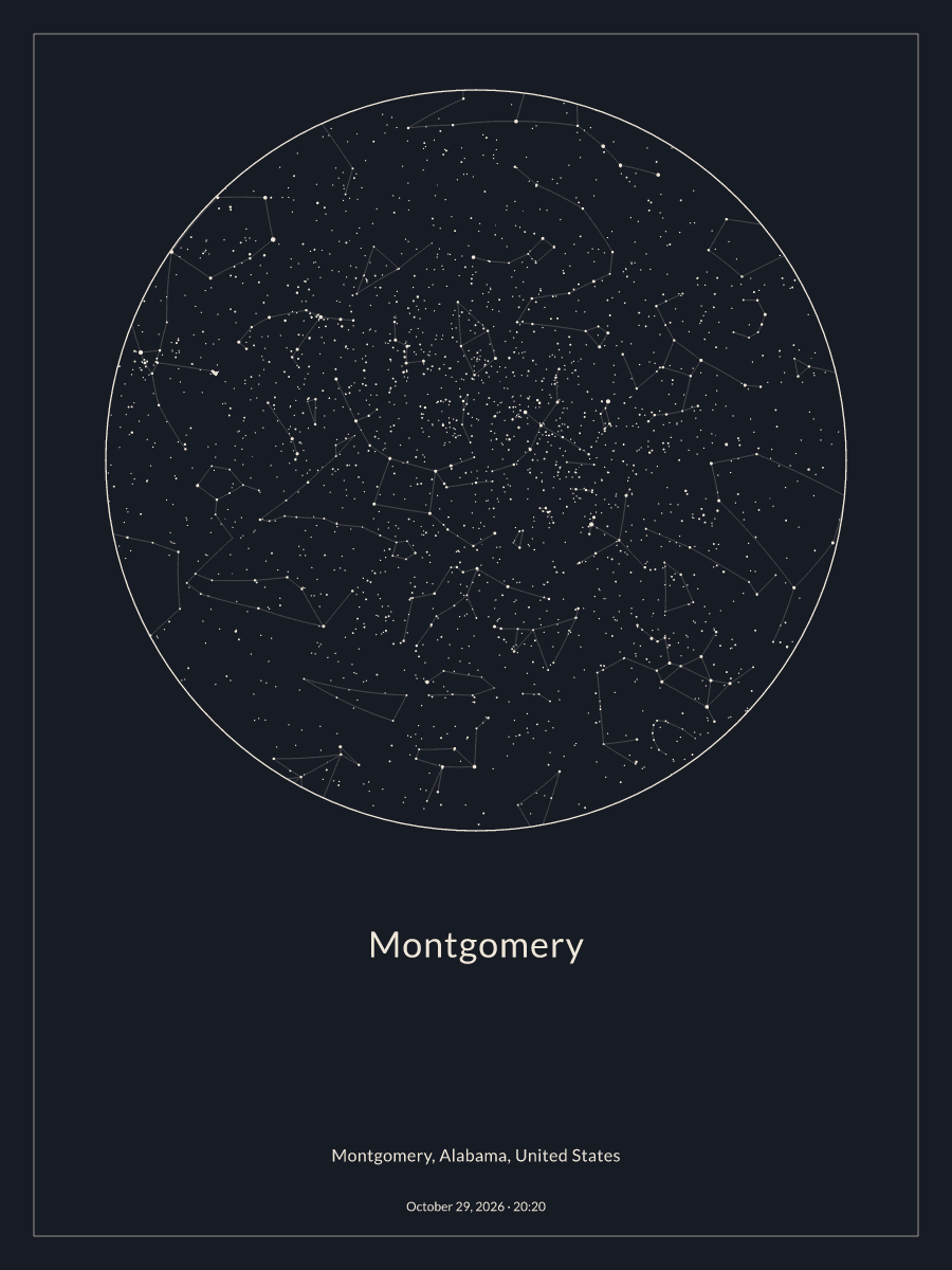 Sky chart of the night sky above Montgomery at 8:20 PM on October 29, 2026