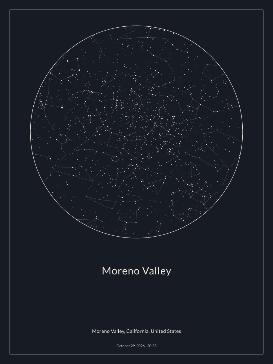 Sky chart of the night sky above Moreno Valley at 8:23 PM on October 29, 2026