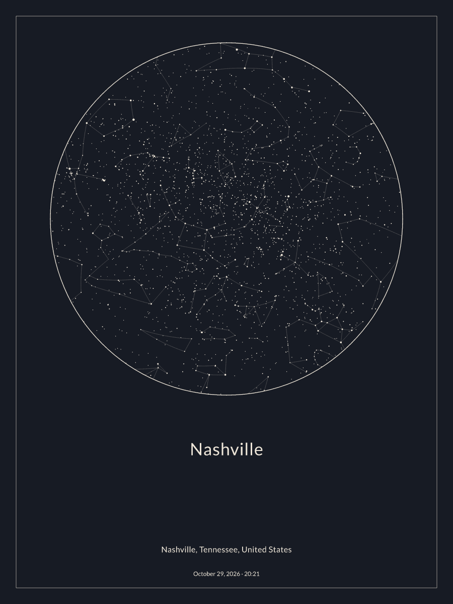 Sky chart of the night sky above Nashville at 8:21 PM on October 29, 2026
