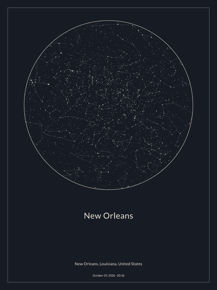 Sky chart of the night sky above New Orleans at 8:36 PM on October 29, 2026
