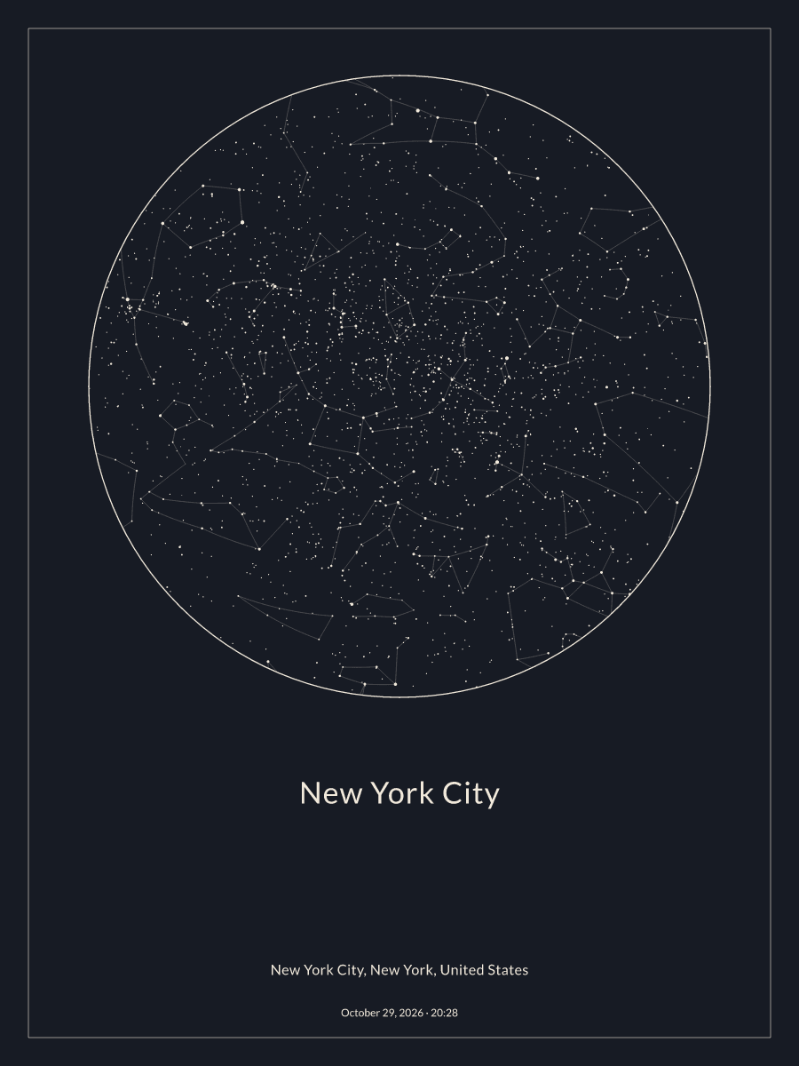 Sky chart of the night sky above New York City at 8:28 PM on October 29, 2026