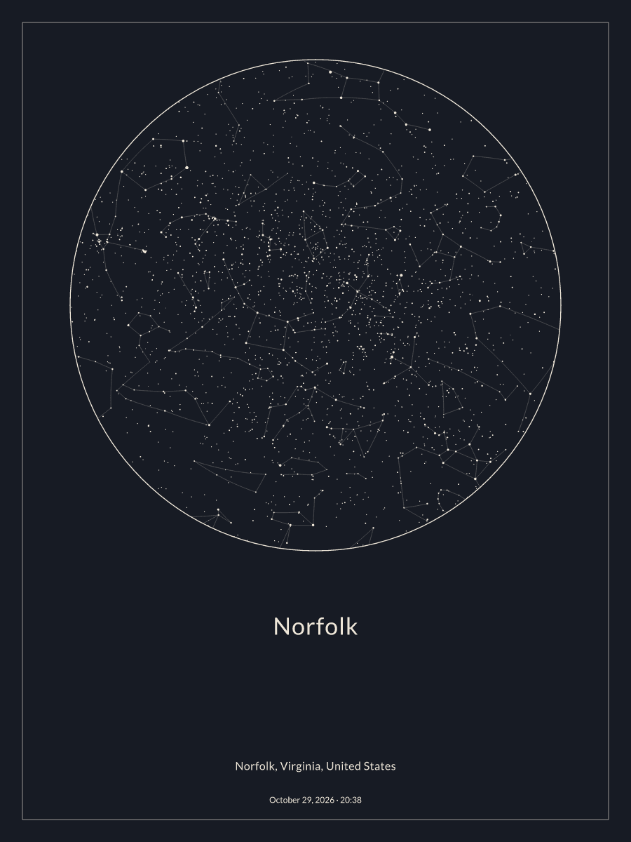 Sky chart of the night sky above Norfolk at 8:38 PM on October 29, 2026