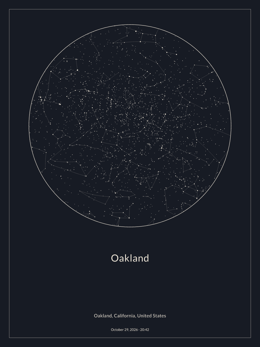 Sky chart of the night sky above Oakland at 8:42 PM on October 29, 2026