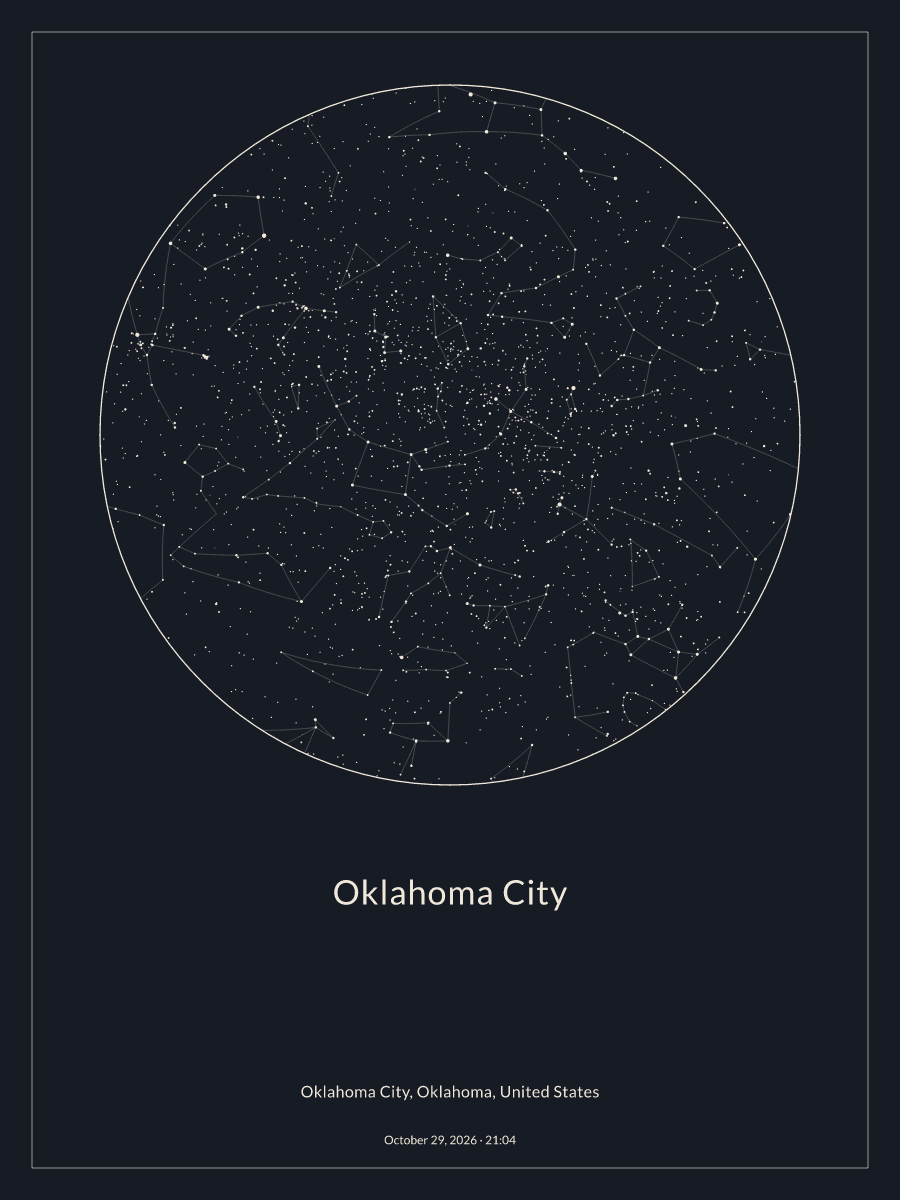 Sky chart of the night sky above Oklahoma City at 9:04 PM on October 29, 2026