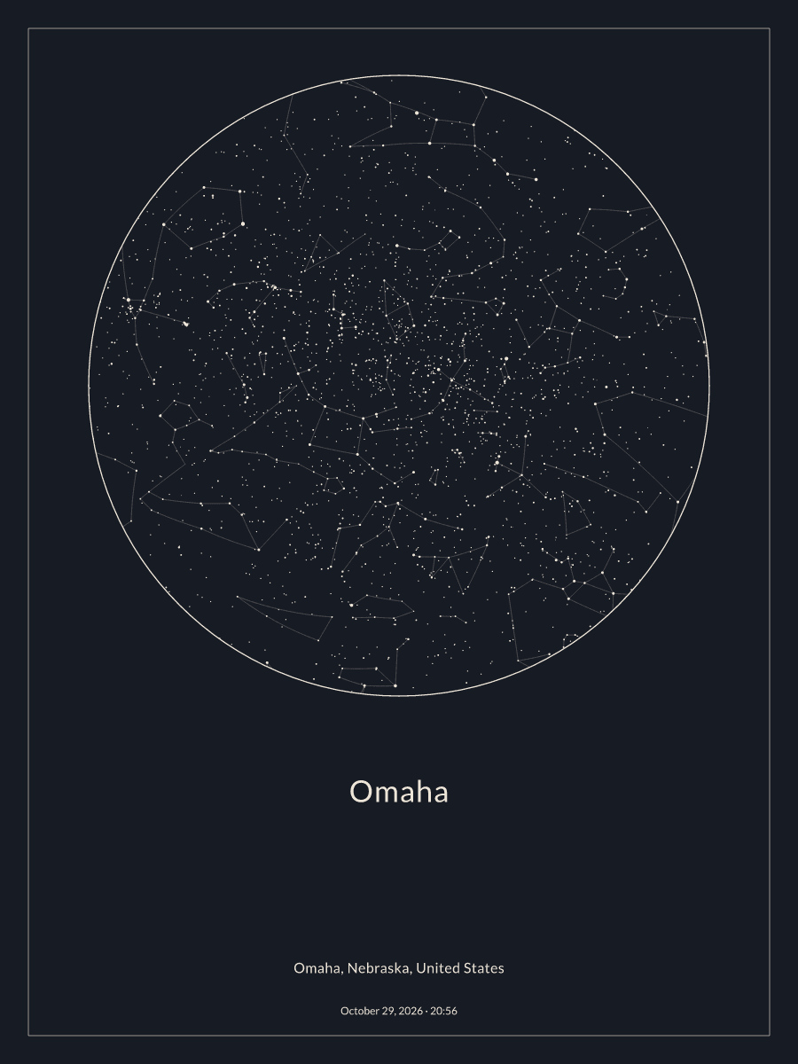 Sky chart of the night sky above Omaha at 8:56 PM on October 29, 2026