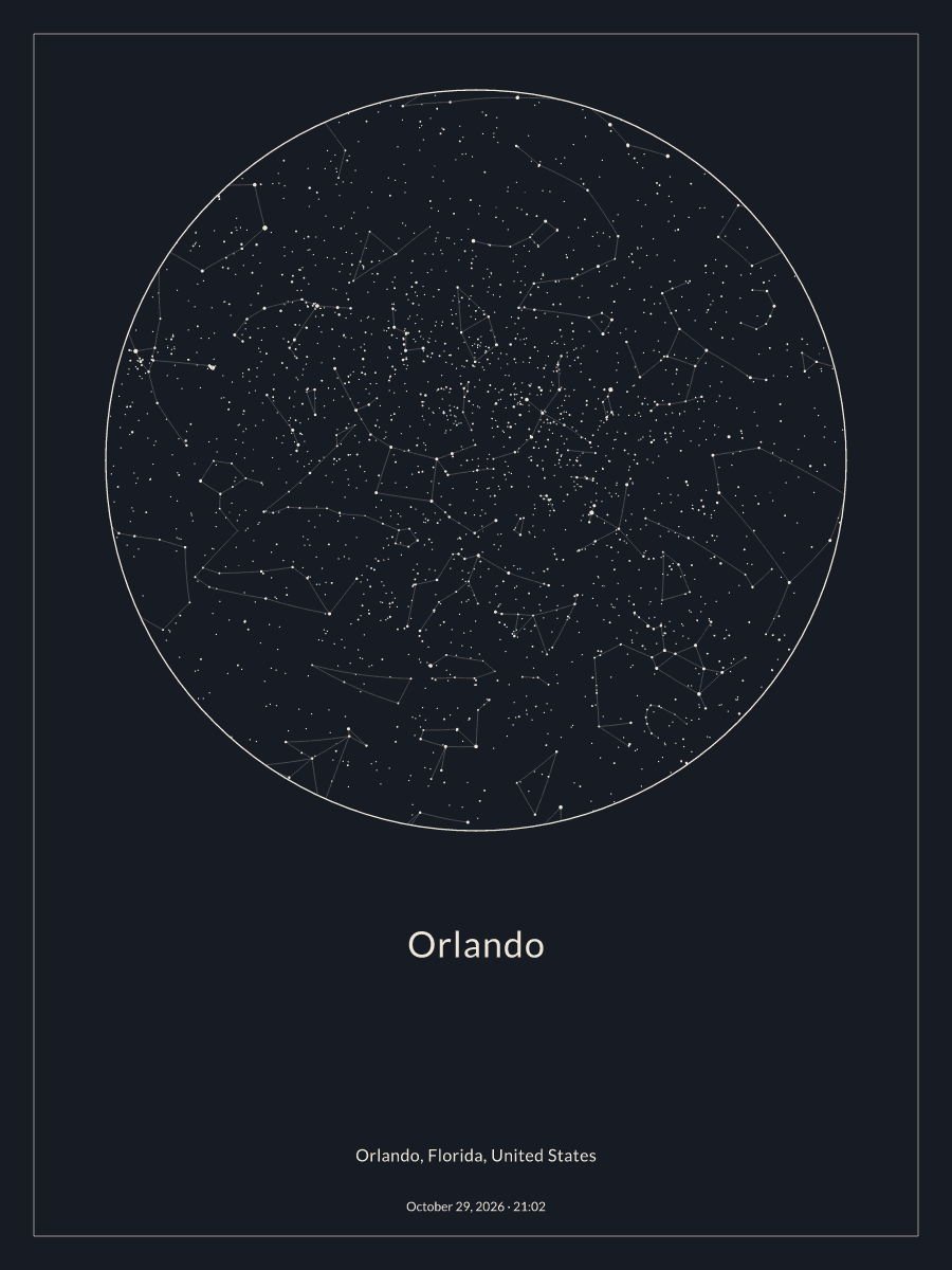 Sky chart of the night sky above Orlando at 9:02 PM on October 29, 2026