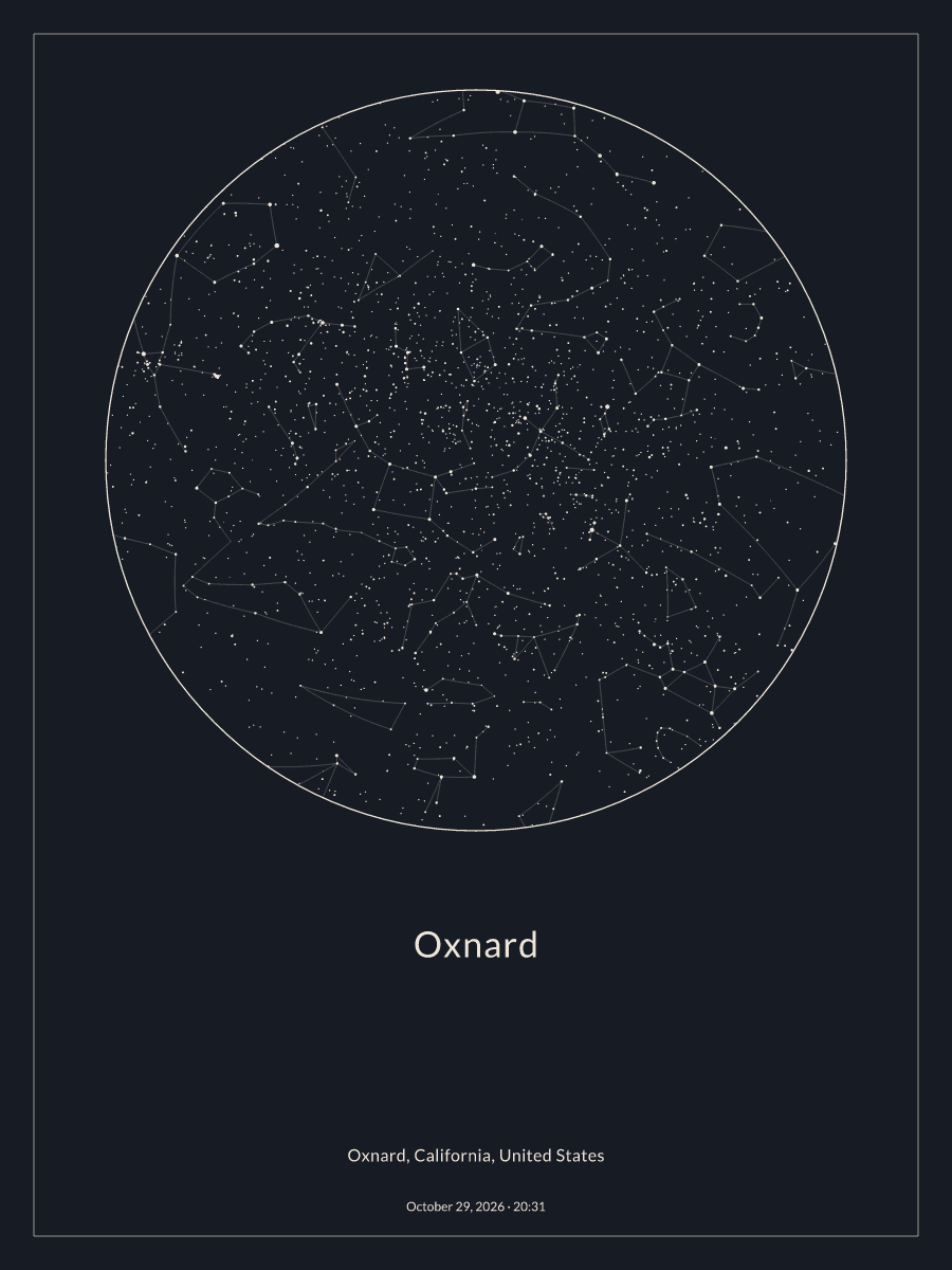 Sky chart of the night sky above Oxnard at 8:31 PM on October 29, 2026