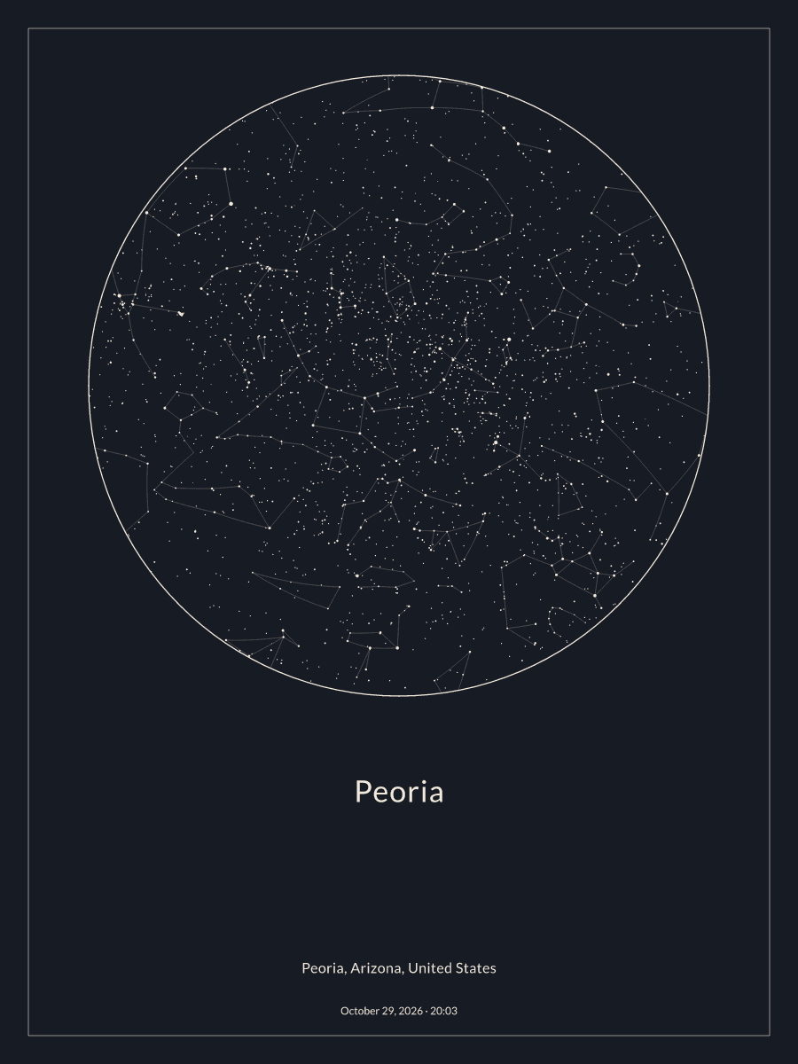 Sky chart of the night sky above Peoria at 8:03 PM on October 29, 2026
