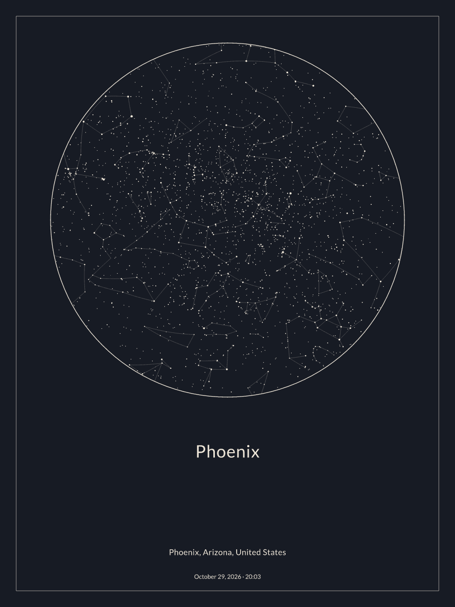 Sky chart of the night sky above Phoenix at 8:03 PM on October 29, 2026