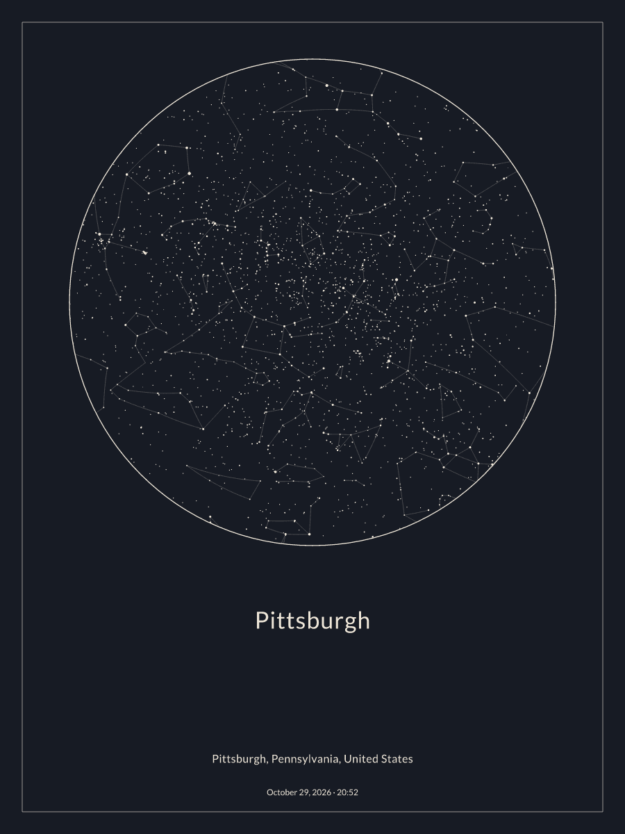 Sky chart of the night sky above Pittsburgh at 8:52 PM on October 29, 2026