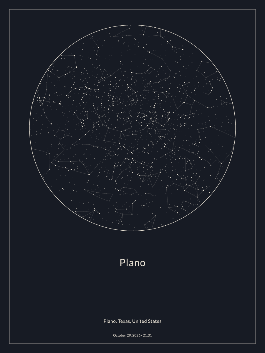 Sky chart of the night sky above Plano at 9:01 PM on October 29, 2026