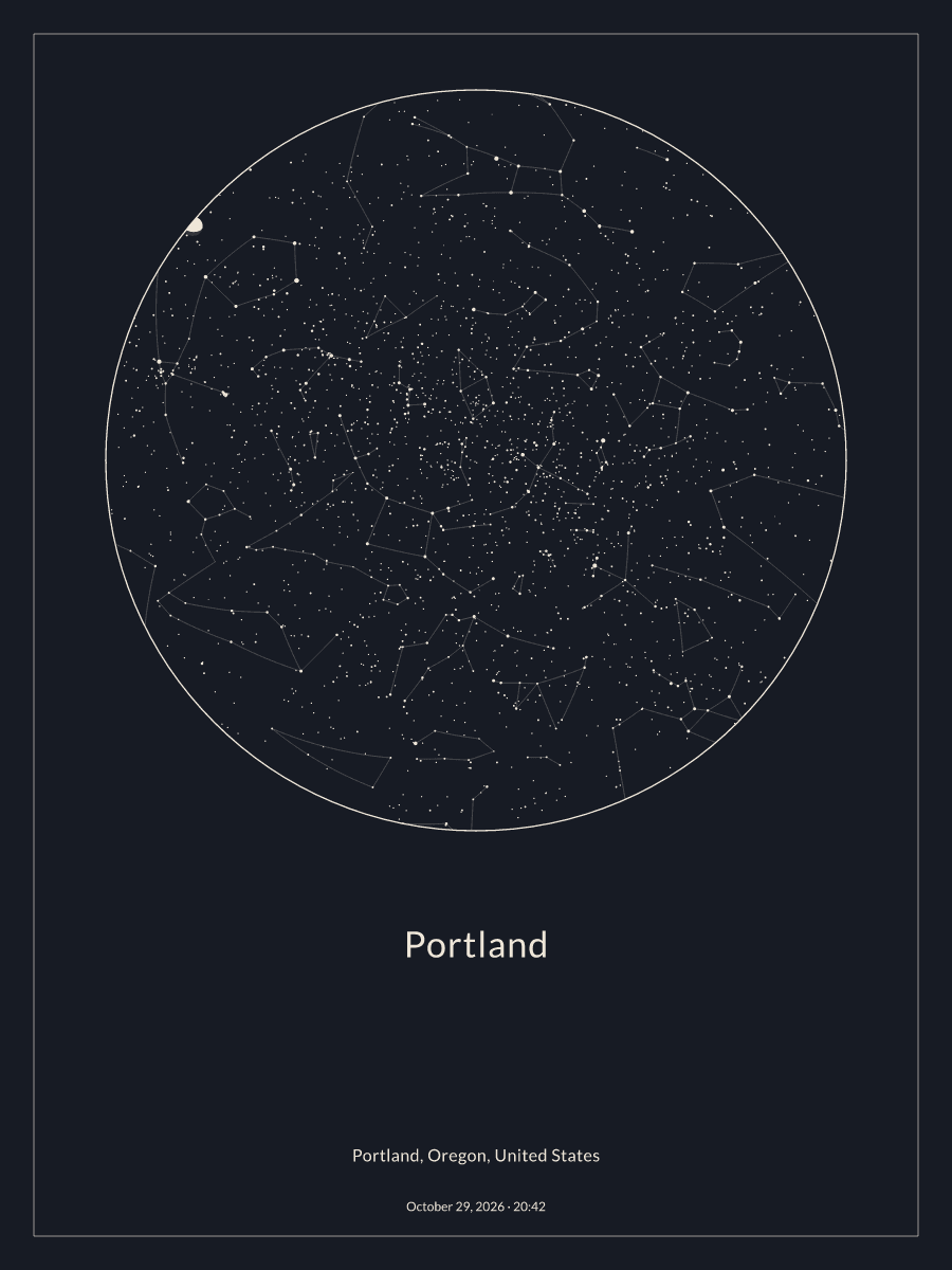Sky chart of the night sky above Portland at 8:42 PM on October 29, 2026