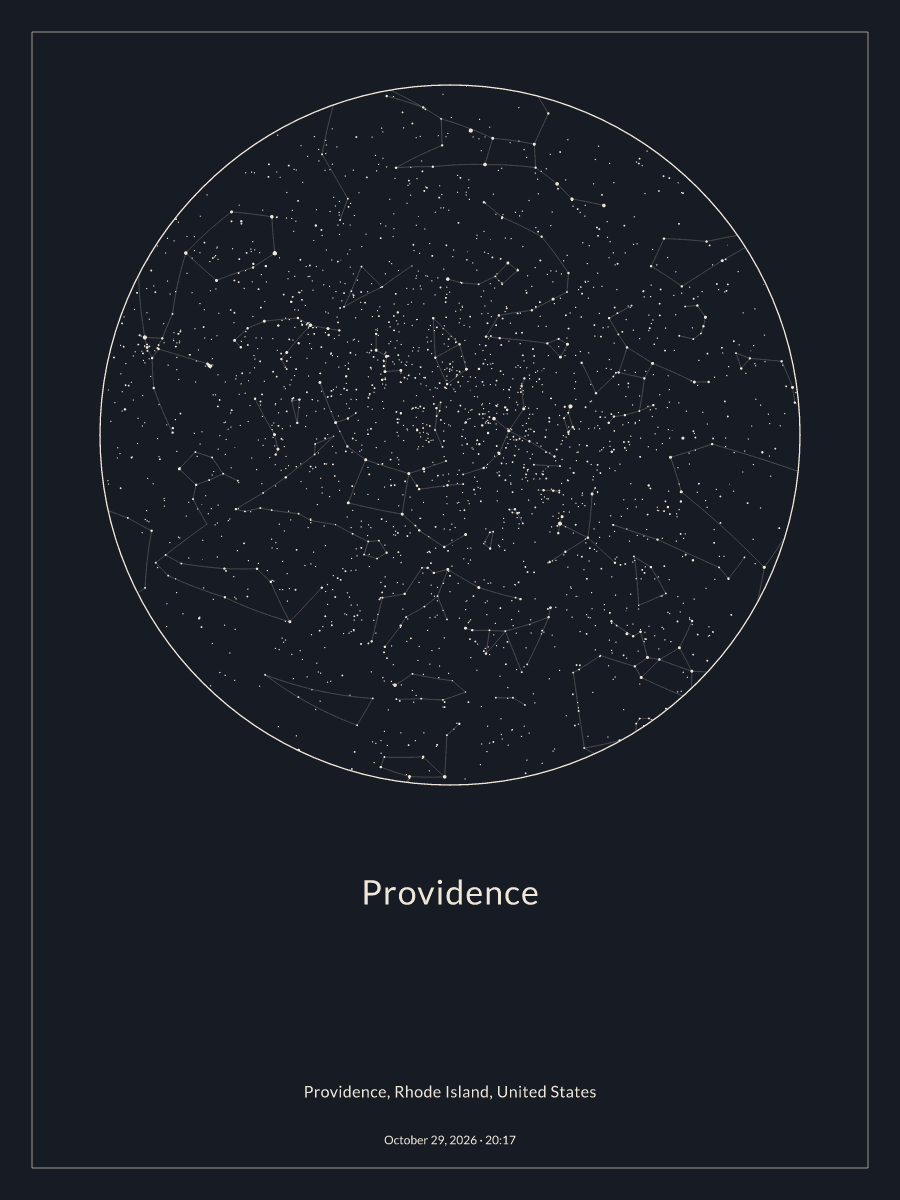 Sky chart of the night sky above Providence at 8:17 PM on October 29, 2026