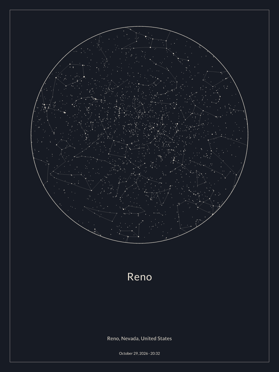 Sky chart of the night sky above Reno at 8:32 PM on October 29, 2026