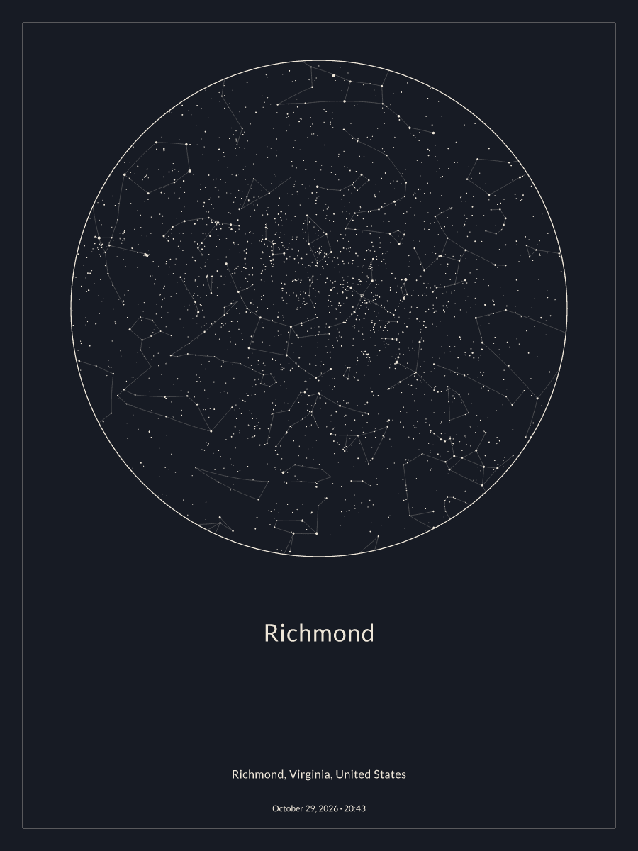 Sky chart of the night sky above Richmond at 8:43 PM on October 29, 2026
