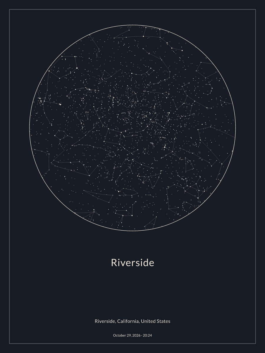 Sky chart of the night sky above Riverside at 8:24 PM on October 29, 2026