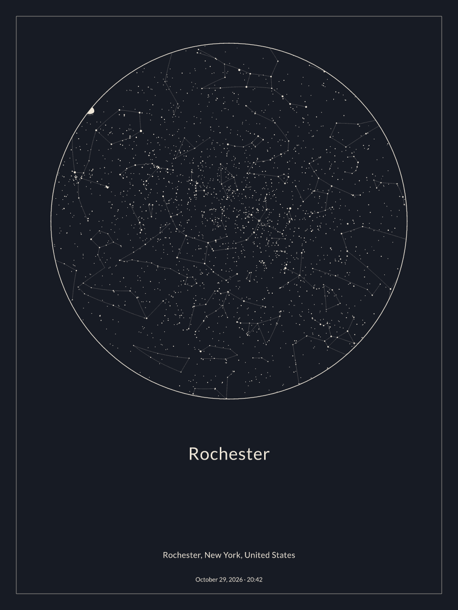 Sky chart of the night sky above Rochester at 8:42 PM on October 29, 2026