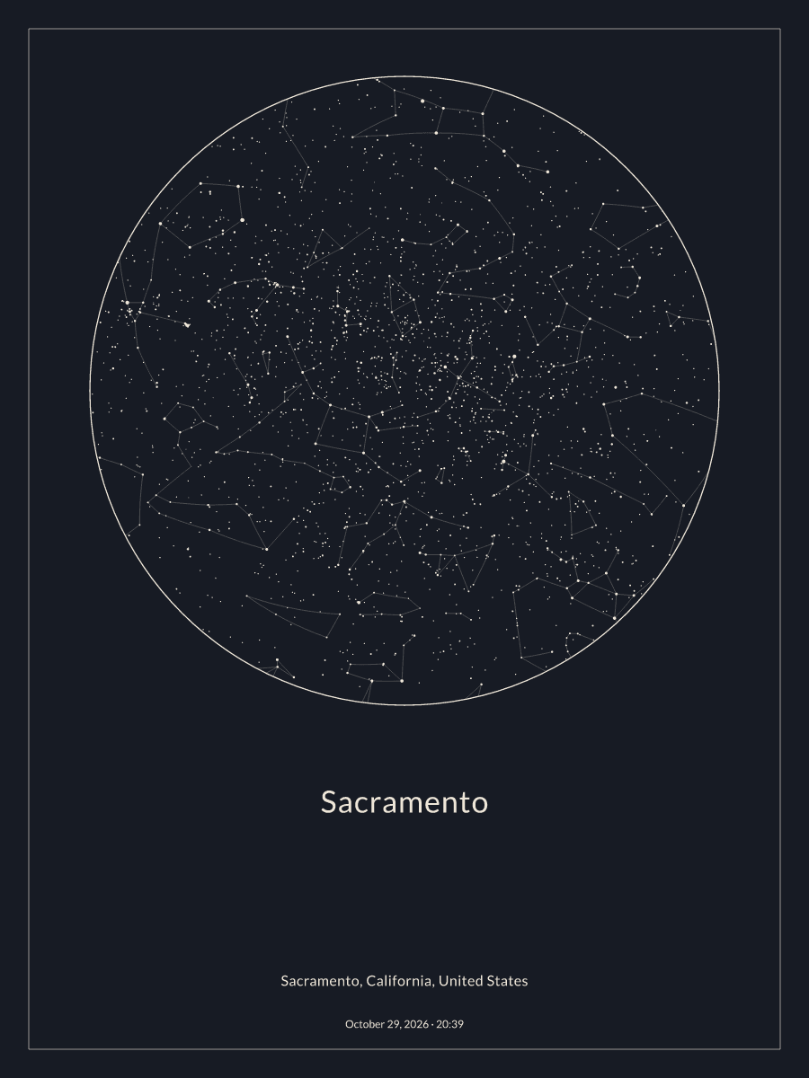 Sky chart of the night sky above Sacramento at 8:39 PM on October 29, 2026