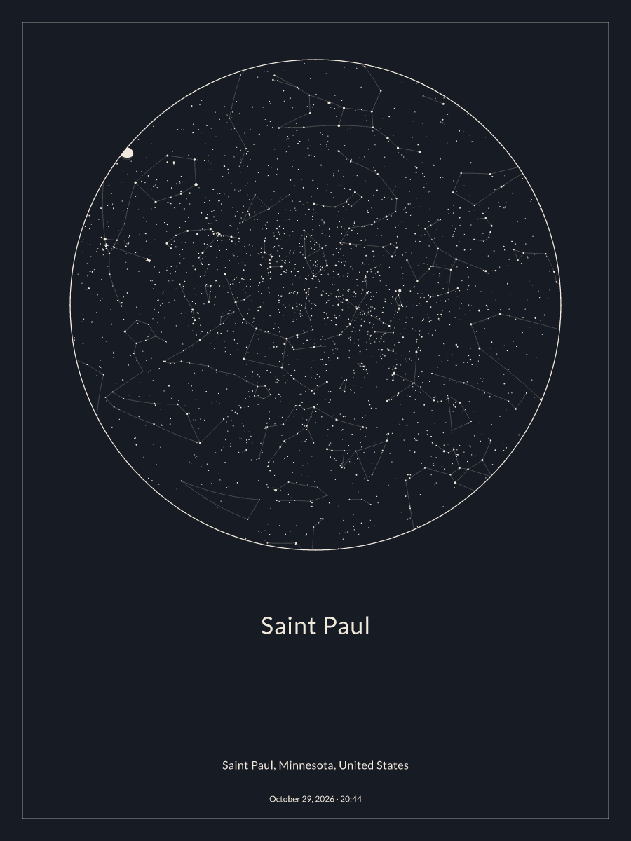 Sky chart of the night sky above Saint Paul at 8:44 PM on October 29, 2026